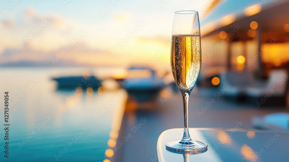 Obraz premium Glass of champagne against the sea and yachts. Romantic evening with champagne on a yacht by the sea. Glass goblet with champagne against the sunset sky and water.