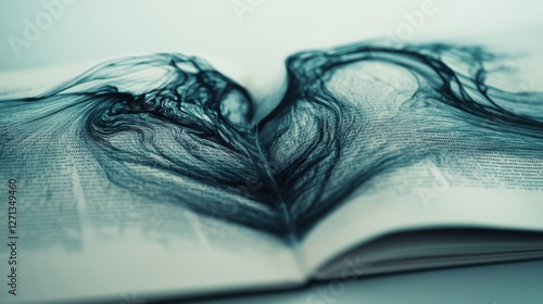 An abstract heart forms from swirling ink on open pages, suggesting the emotional depth found in words and stories through a creative lens. photo