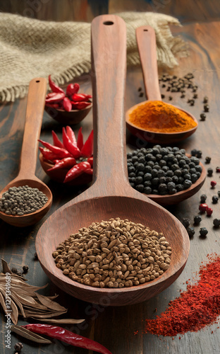 Wooden big  spoons are elegantly arranged in a radial pattern on a textured mat, each holding a variety of spices like peppercorns, fennel seeds, and red chilies photo