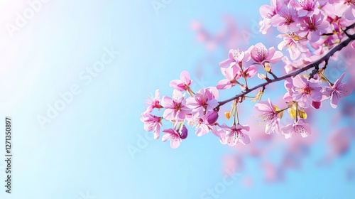 Pink Cherry Blossoms Branch Against a Soft Blue Sky