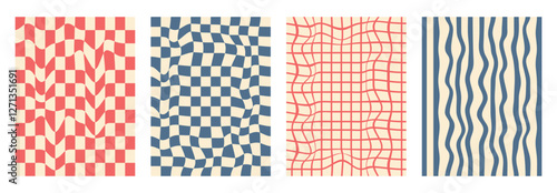 Groovy checkerboard pattern set. Psychedelic checker background pack. Trippy y2k retro vertical textures. Funky abstract poster design templates. Vector playful flat geometric wavy grid illustration.