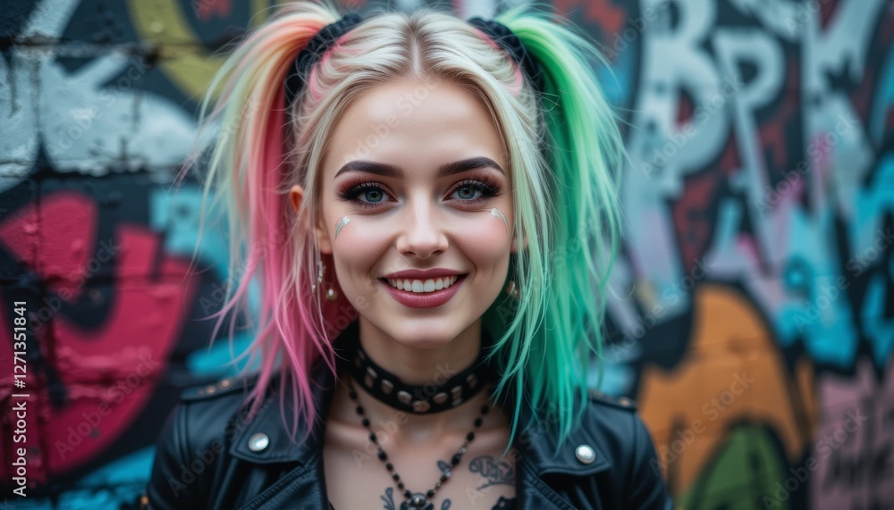 Punk Rock Girl with Blonde Hair and green and Pink Strands in Front of Graffiti Punk Rock Girl with Blonde Hair and green and Pink Strands in Front of Graffiti
