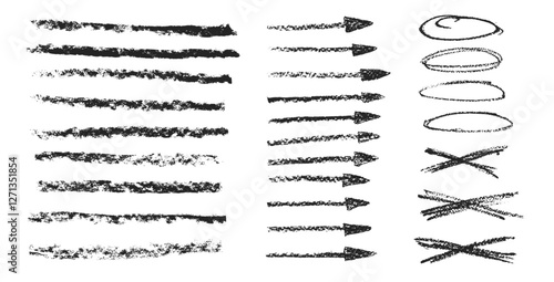 Arrow, underline doodle set. Straight thin pointers, brush strokes, oval emphasis elements. Vector direction arrows and cross by pencil. Grunge chalk graphic freehand illustration set.