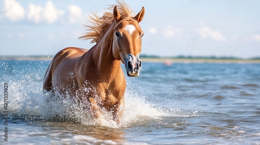 Majestic Horse Galloping Through Shallow Waters Splashing Waves Under Blue Sky and Soft Clouds : Generative AI Majestic Horse Galloping Through Shallow Waters Splashing Waves Under Blue Sky and Soft Clouds : Generative AI