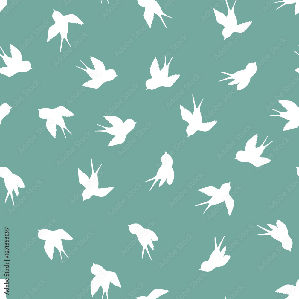 Seamless pattern with swallow silhouette on color background. Cute bird in flight. Vector illustration. Doodle style. Design for invitation, poster, card, fabric, textile. Seamless pattern with swallow silhouette on color background. Cute bird in flight. Vector illustration. Doodle style. Design for invitation, poster, card, fabric, textile.