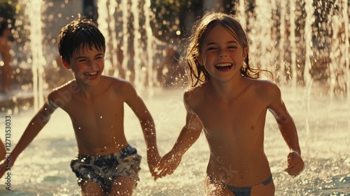 Children exuberantly splash through a sunlit fountain, their laughter capturing pure joy and the essence of carefree play. photo