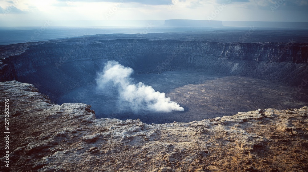Fototapeta premium A steaming crater stretches vast and deep, its smoky plumes suggesting power and enigmatic natural forces.