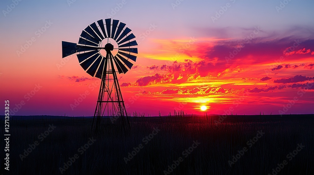 Beautiful Sunset Silhouette of Windmill Against Colorful Sky Beautiful Sunset Silhouette of Windmill Against Colorful Sky