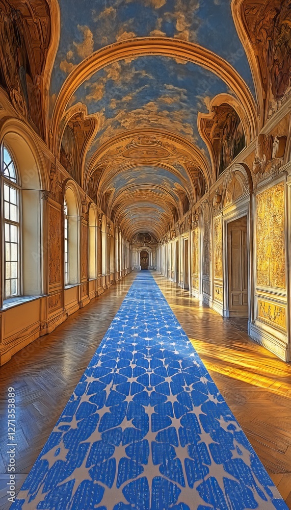 Fototapeta premium Elegant Palace Hallway Interior With High Windows, Arched Ceilings, and a Geometric Carpet