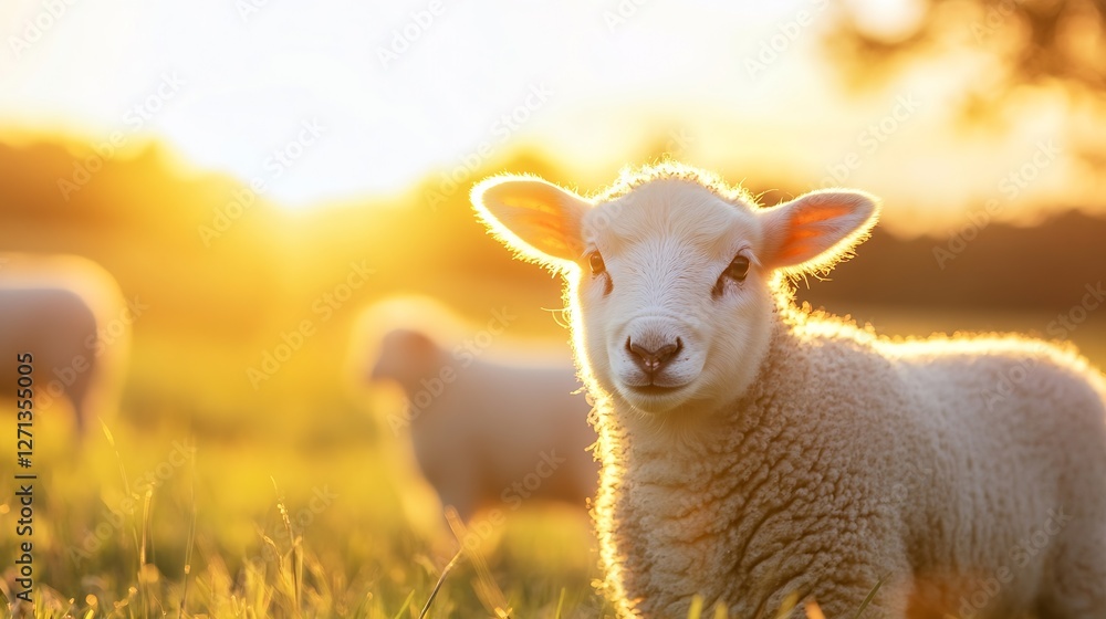 Fototapeta premium Adorable fluffy lamb with a warm sunset glow grazing peacefully in the pasture among other sheep : Generative AI