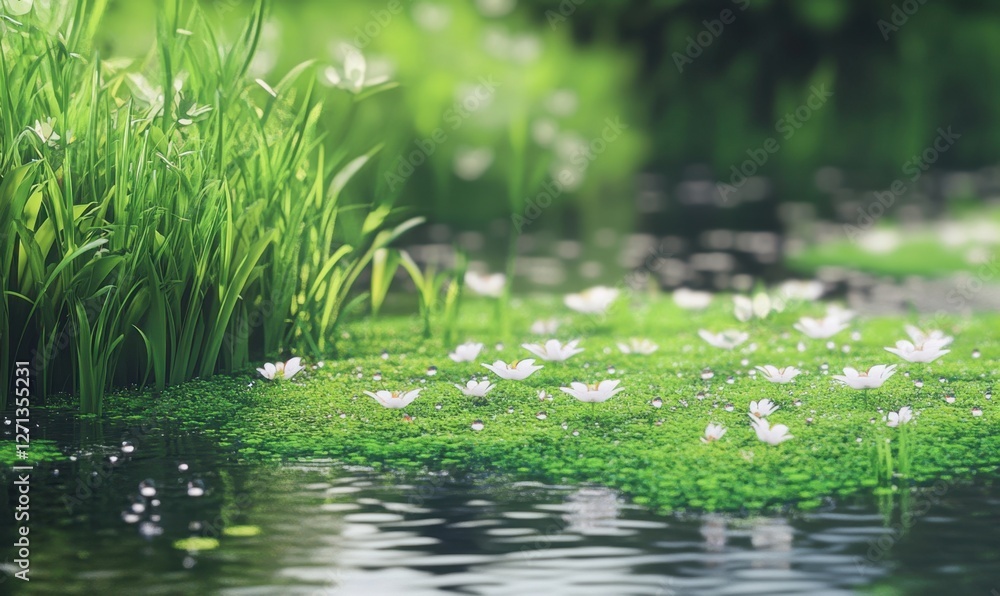 Serene pond scene with blooming water lilies surrounded by lush green grass and gentle reflections Serene pond scene with blooming water lilies surrounded by lush green grass and gentle reflections