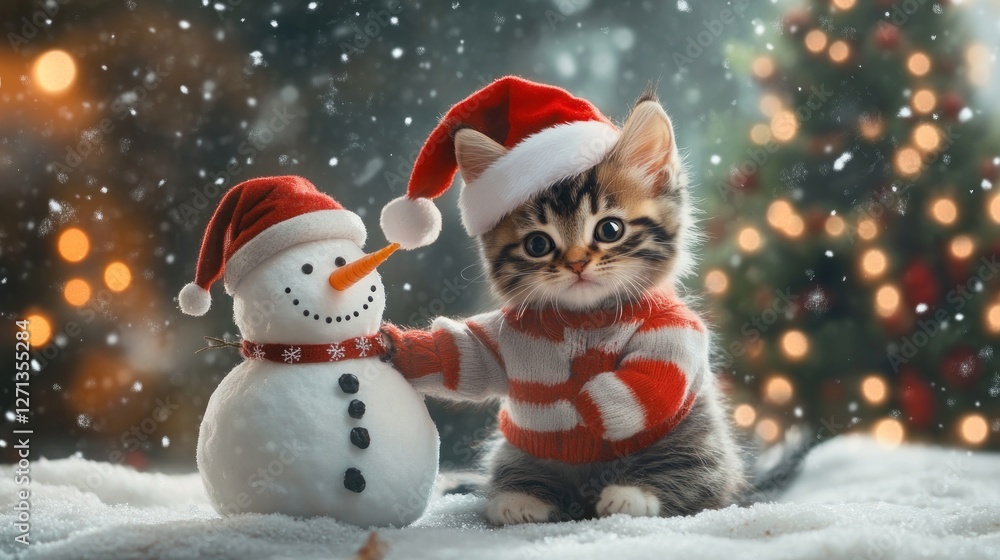 Festive kitten's magical christmas eve with snowman friend outdoors Festive kitten's magical christmas eve with snowman friend outdoors