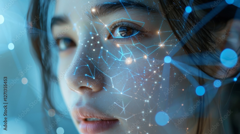 A woman with dark hair gazes intently as digital patterns and blue lights illuminate her profile, showcasing a blend of technology and human expression against a soft background. A woman with dark hair gazes intently as digital patterns and blue lights illuminate her profile, showcasing a blend of technology and human expression against a soft background.