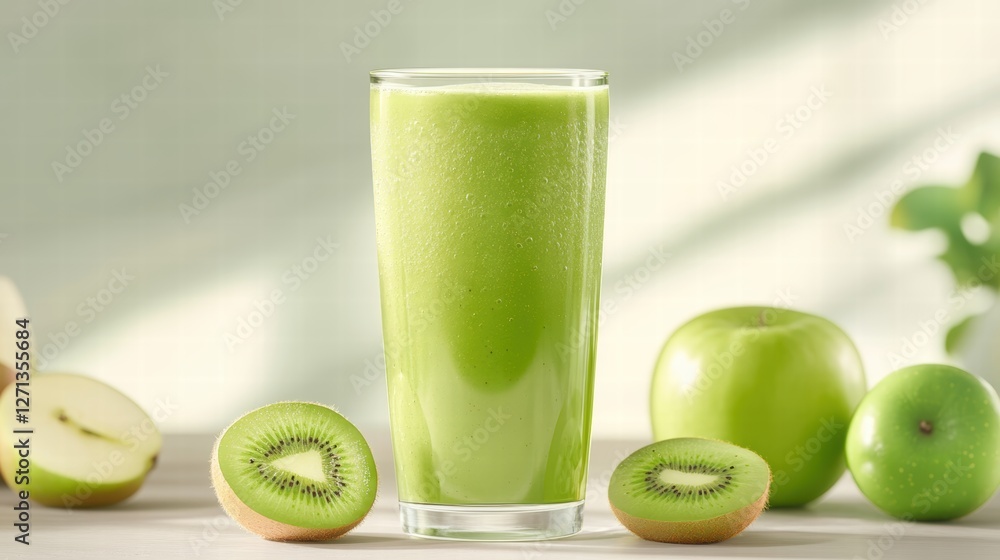 Green smoothie in a big transparent with kiwi and apples, close-up, healthy food concept Green smoothie in a big transparent with kiwi and apples, close-up, healthy food concept