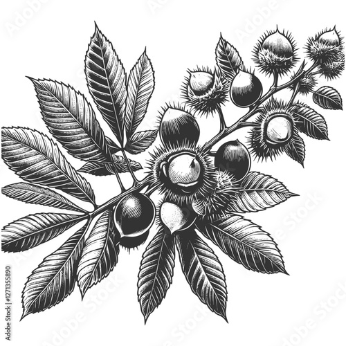 Chestnut Tree Branch with Leaves and Nuts vector