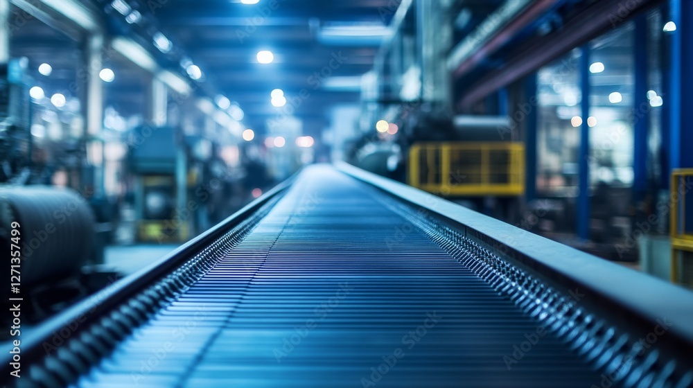A dimly lit industrial conveyor stretches into the distance, embodying the relentless hum of machinery and a sense of endless production. A dimly lit industrial conveyor stretches into the distance, embodying the relentless hum of machinery and a sense of endless production.