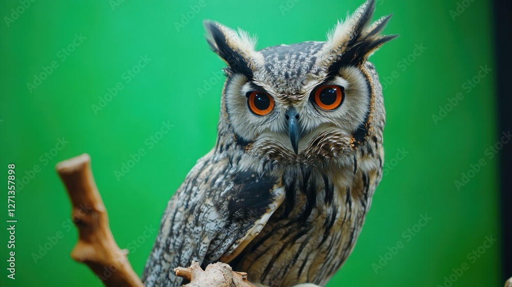 Eurasian Eagle-Owl Portrait with Intense Gaze and Vivid Green Backdrop Eurasian Eagle-Owl Portrait with Intense Gaze and Vivid Green Backdrop