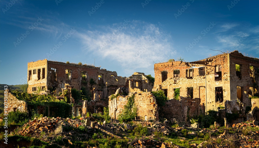 Fototapeta premium Post apocalyptic ruined city scape. Abandoned town with old broken buildings. Disaster, catastrophe