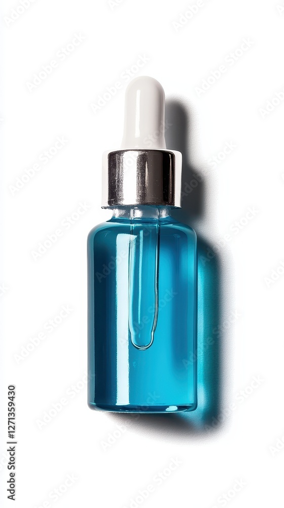 A vibrant blue serum is featured in a stylish dropper bottle on a white background A vibrant blue serum is featured in a stylish dropper bottle on a white background