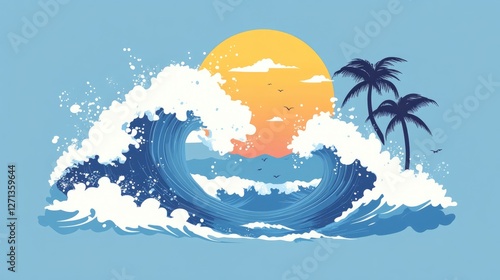 Ocean Sunset with Two Palm Trees