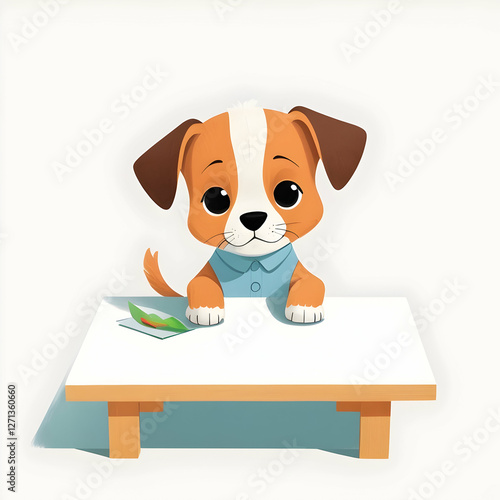 Adorable cartoon puppy sitting at a table with a curious and playful expression in a cute illustration photo