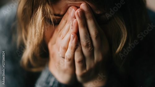 Wallpaper Mural Emotional close up of a woman covering her face with hands showing feelings of sadness and distress : Generative AI Torontodigital.ca