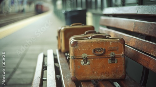 A trio of vintage suitcases rests on a wooden bench at a railway platform, hinting at imminent travel adventures.