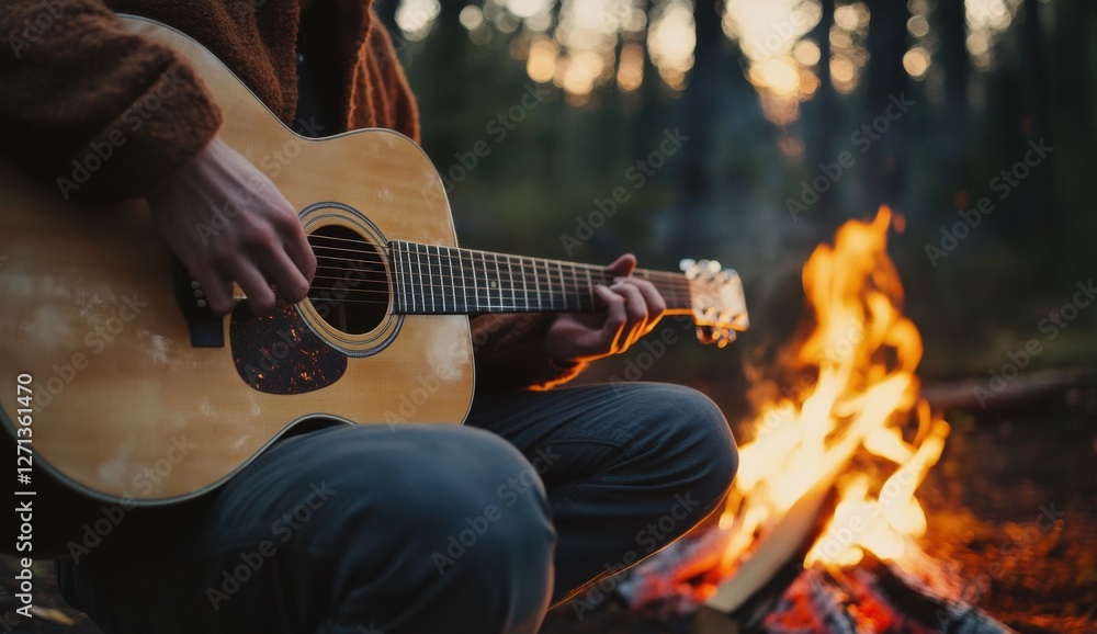 Fototapeta premium Playing guitar by the campfire in a serene forest at dusk