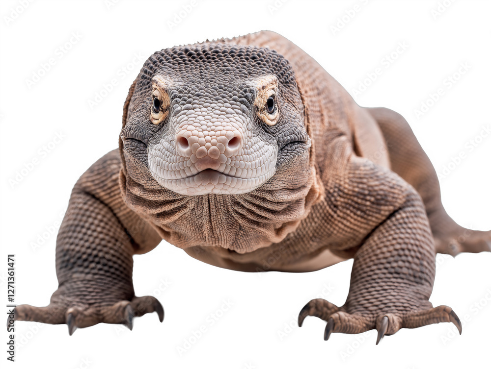 Obraz premium A powerful Komodo dragon is captured in a close-up shot, showcasing its textured scales, sharp claws, and piercing eyes against a black background.