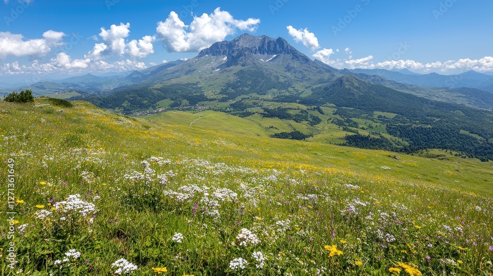 Fototapeta premium Wildflowers bloom in a green alpine meadow with a mountain peak under a blue sky.