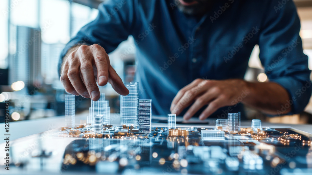 Professional architect reviewing construction model with holographic design Professional architect reviewing construction model with holographic design