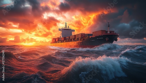 Massive cargo ship battling rough seas photo