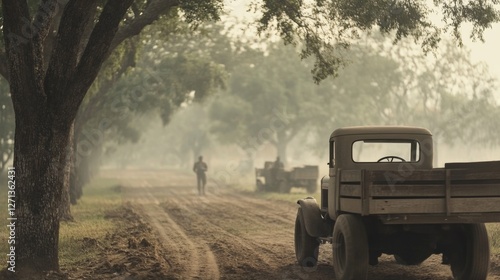 Foggy rural road, man walking, vintage truck, peaceful scene photo