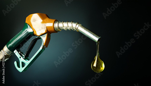 Fuel nozzle with dripping petroleum, dark backdrop.