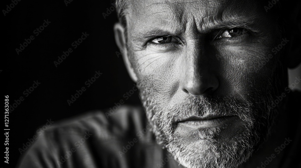 Obraz premium a timeless black-and-white portrait of a man with a serious expression.