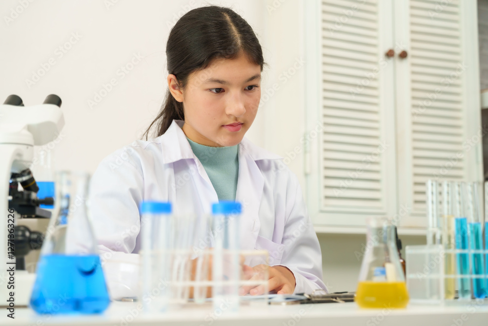 Caucasian school children learning experiment in science classroom. Young female student wearing white lab coat analyzing chemical reactions in laboratory setting with test tubes and microscope. Caucasian school children learning experiment in science classroom. Young female student wearing white lab coat analyzing chemical reactions in laboratory setting with test tubes and microscope.