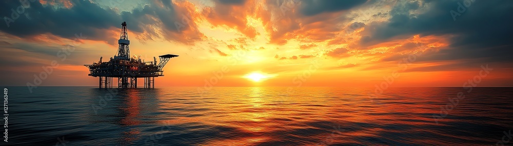 Obraz premium Sunset backdrop with oil rig silhouette, dramatic sky with golden and orange hues, calm ocean waters, offshore oil platform in the distance, highdefinition digital painting