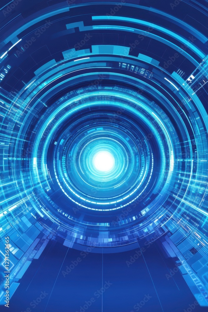Obraz premium Abstract blue concentric circles creating a tunnel-like effect with a glowing white center, evoking a futuristic and hypnotic visual