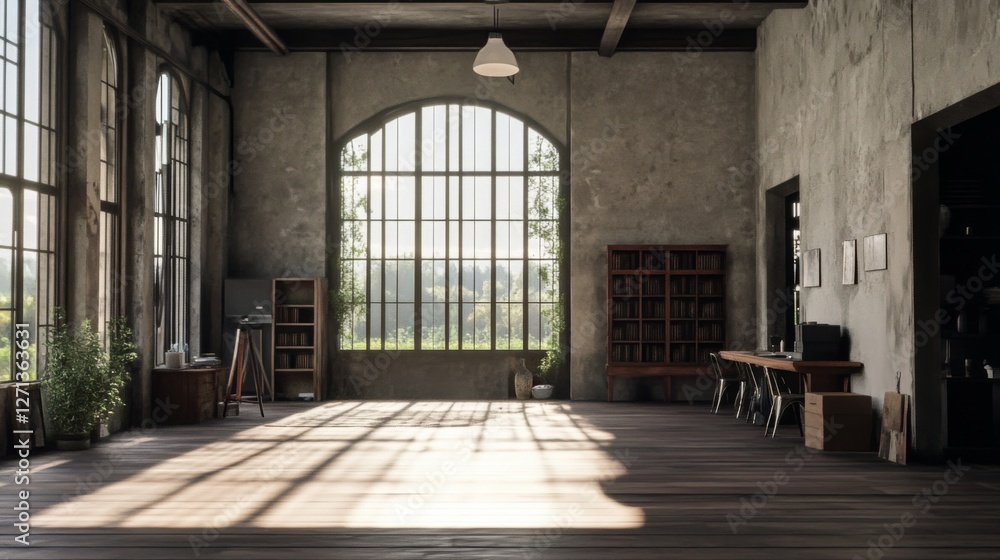 Fototapeta premium Industrial loft interior, sunlight streaming through large windows. Possible use Stock photo for home decor or architecture