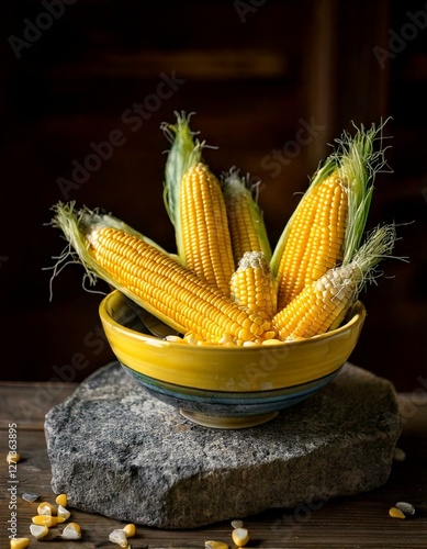 Generated image of ceramic bowl with various yellow corn cobs