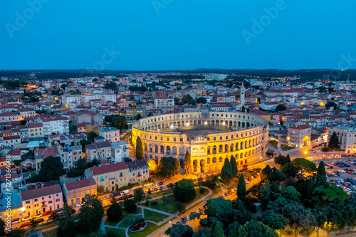 Aerial view of the historic Roman amphitheater of Pula, Istria peninsula. Ruins of the Roman Colosseum Arena in Pula, Croatia. UNESCO World Heritage.