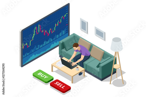 An isometric vector illustration of a trader working from home, sitting on a couch, using a laptop, with a large screen displaying a stock market graph.
