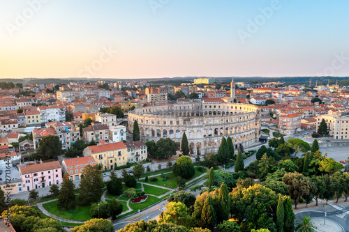 Aerial view of the historic Roman amphitheater of Pula, Istria peninsula.