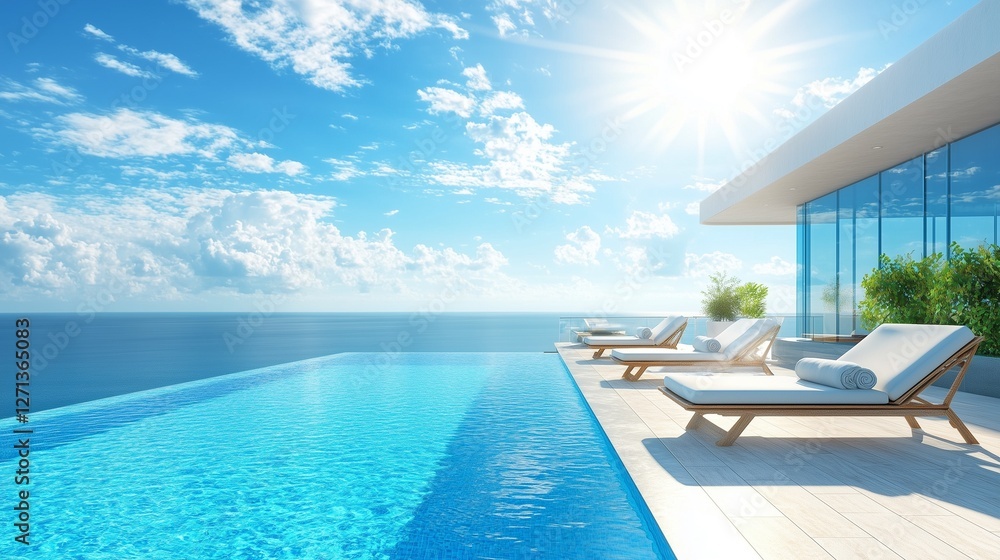 Fototapeta premium Pool Deck on a Luxury Cruise Ship with Relaxing Sunbeds