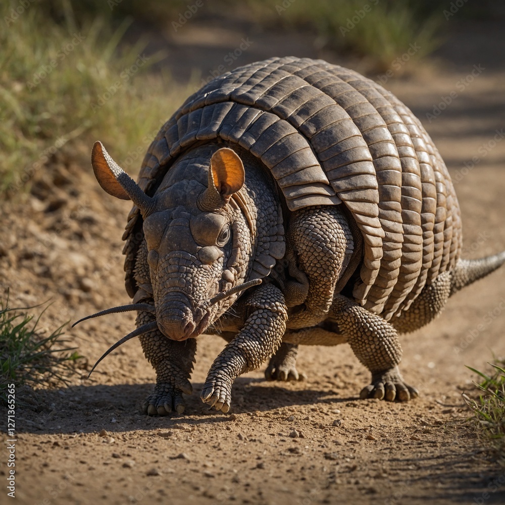 Fototapeta premium A beautiful Armadillo Armadillo walking on dry forest floor, textured shell, World Wildlife Day Armored Giants: The Armadillos of the Savanna