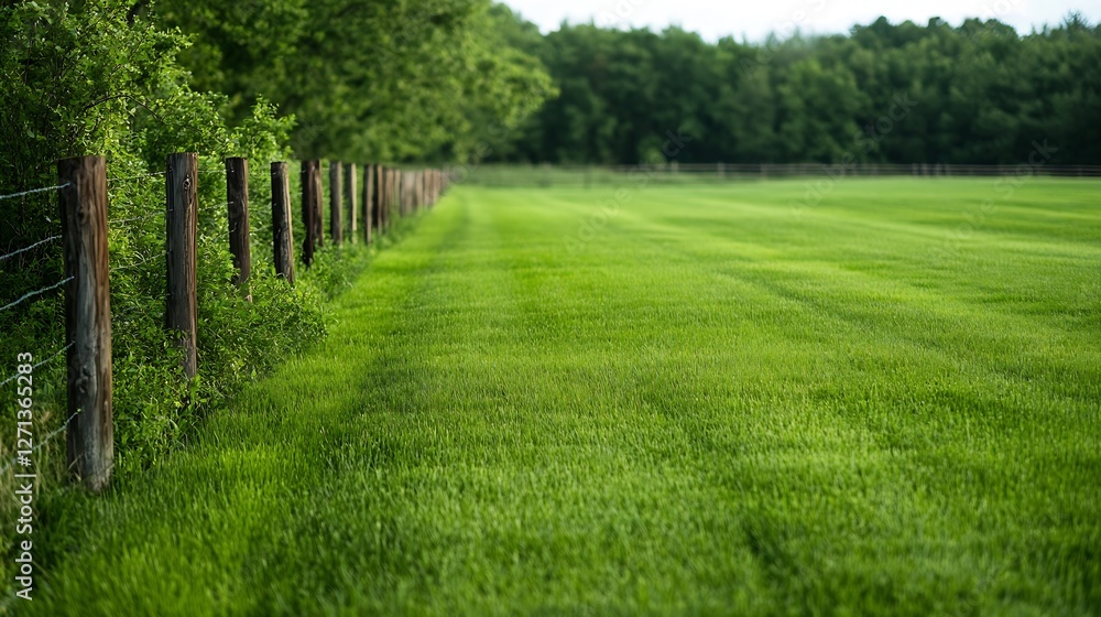 Vibrant green pasture landscape with wooden fence and lush grass under bright skies : Generative AI Vibrant green pasture landscape with wooden fence and lush grass under bright skies : Generative AI