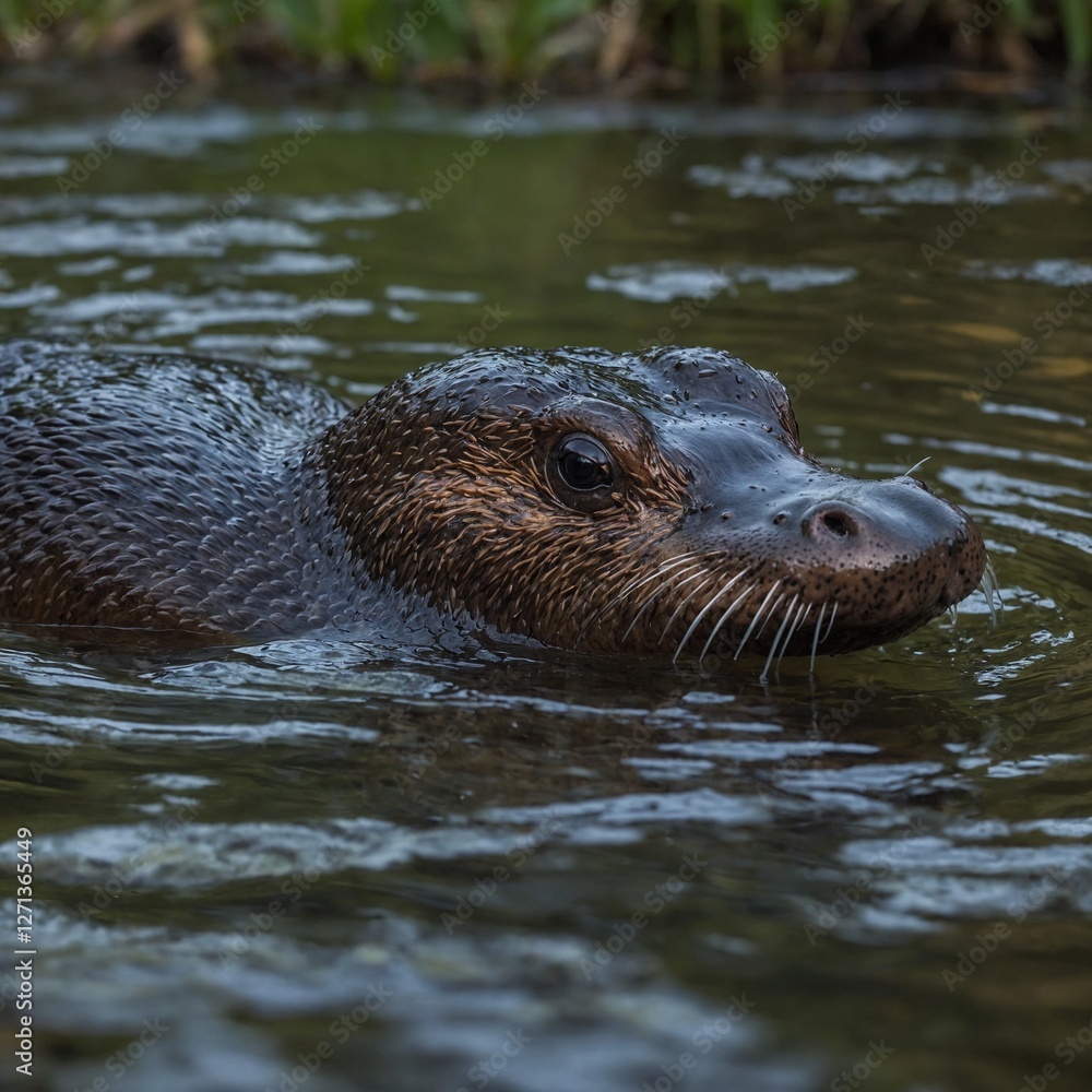 Fototapeta premium A platypus swimming in a clear river. A giant river otter swimming in a crystal-clear Amazon river. A playful otter swimming in a clear river surrounded by lush vegetation.Beautiful photos 