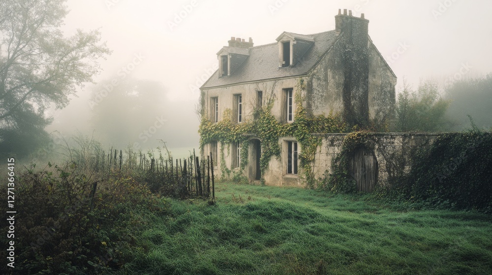 Obraz premium An old stone house draped in ivy sits quietly amidst a misty countryside, embracing the serene, timeless beauty of nature.