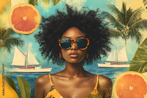 A Black woman with an afro, wearing sunglasses and summer , is surrounded by tropical fruit like pineapple, orange, and lemon, with palm trees and a ship in the background