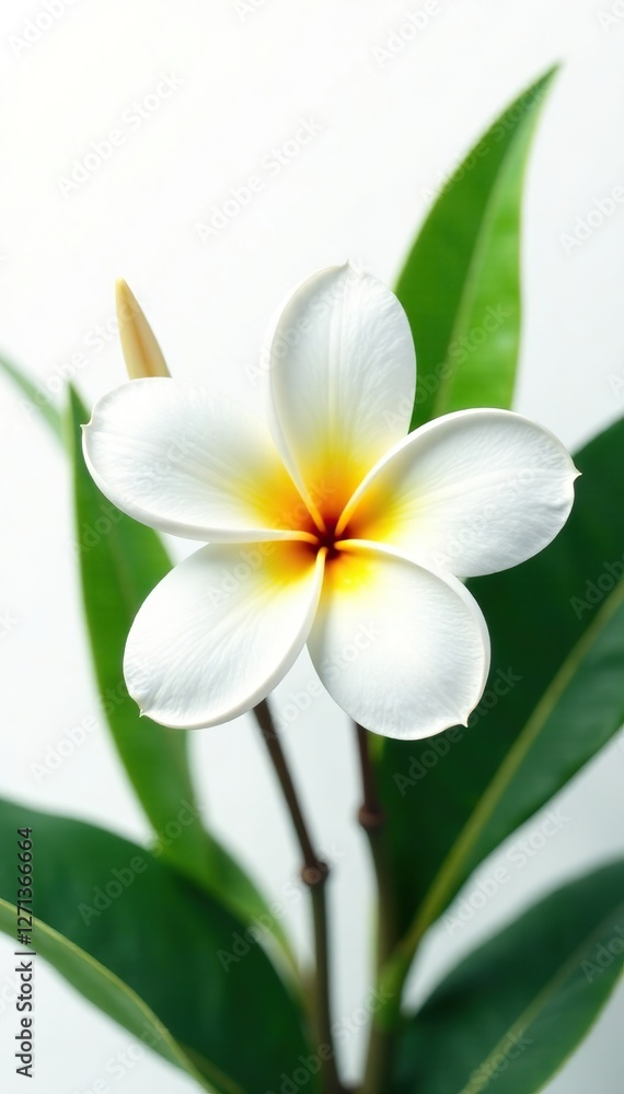 Fototapeta premium Frangipani plumeria flower with green leaves on white background, plumeria, foliage, white